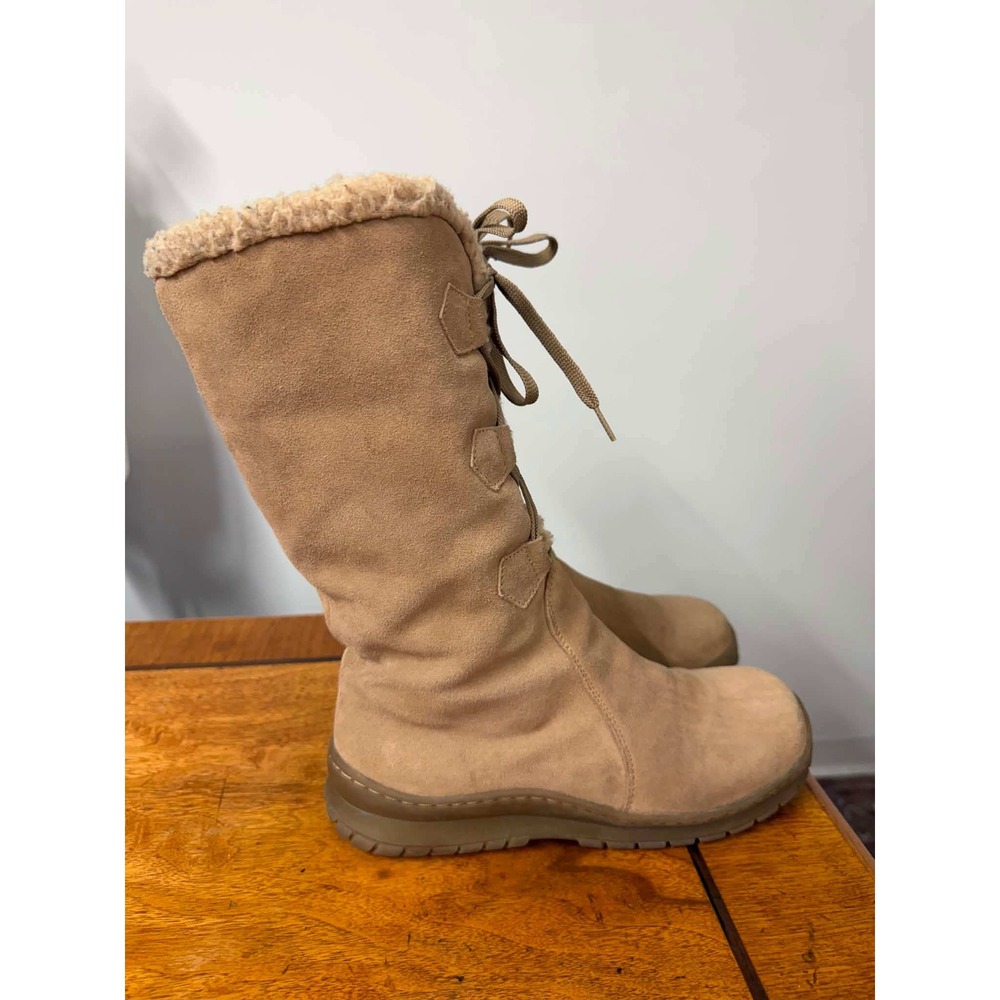 Vtg y2k Women's 8 Duxbery Tan Suede Leather Faux Fur Winter Boots Mid Calf Snow - Picture 4 of 8